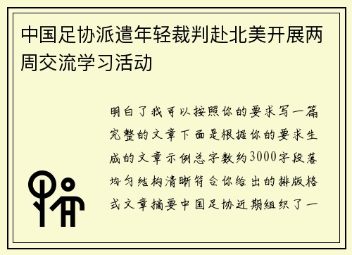 中国足协派遣年轻裁判赴北美开展两周交流学习活动 中国足协派遣年轻裁判赴北美开展两周交流学习活动