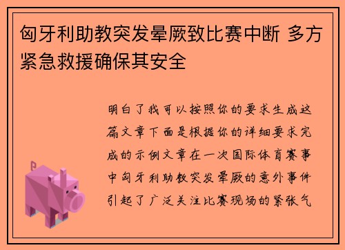 匈牙利助教突发晕厥致比赛中断 多方紧急救援确保其安全