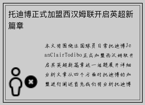 托迪博正式加盟西汉姆联开启英超新篇章