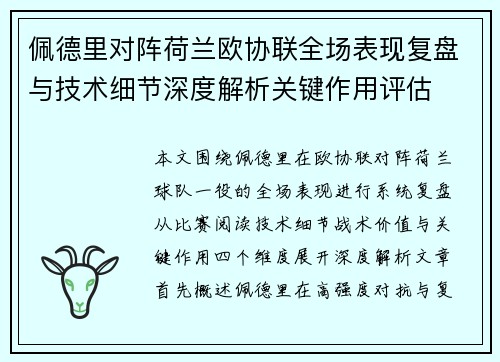 佩德里对阵荷兰欧协联全场表现复盘与技术细节深度解析关键作用评估